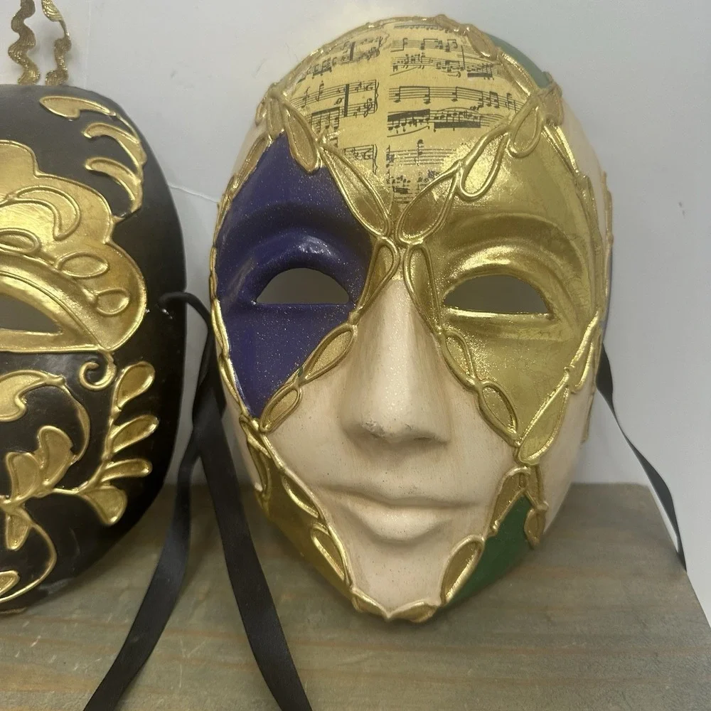 Lot Of 2 Venetian Mardi Gras Mask MASQUERADE CARNIVAL PARTY Gold Hand Painted